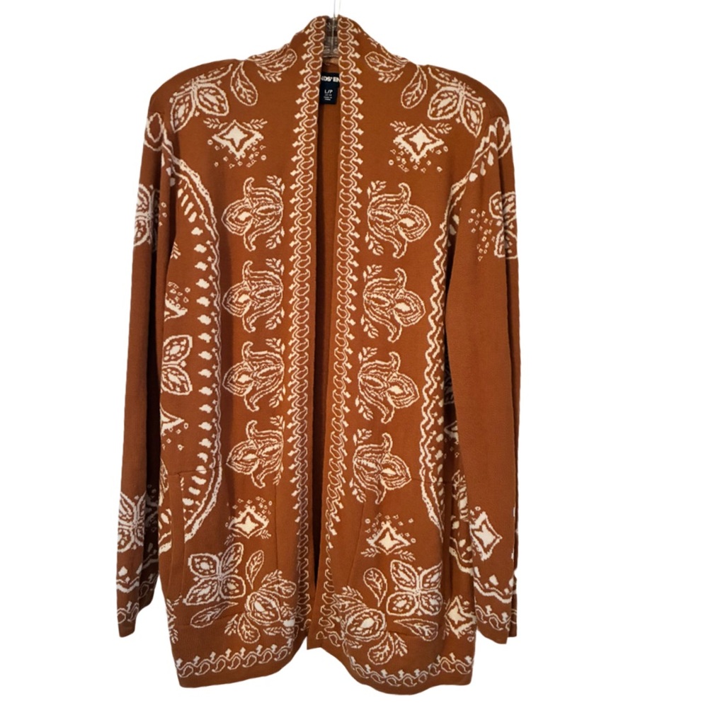 Lands' End Knit Cardigan, Sz. LP, Tan w/ White Border Print, Open Front
